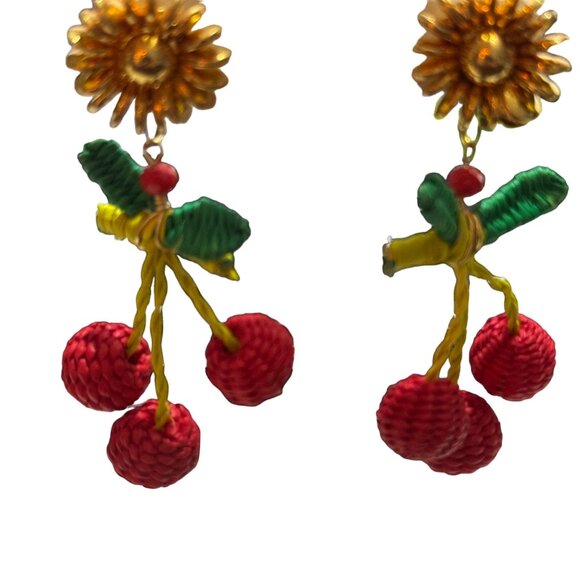 Hand Made Cherry Raffia & Beaded Dangle Earrings Evelyn Ariza - Picture 2 of 5